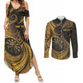 Personalised New Zealand Gold Darts Couples Matching Summer Maxi Dress and Long Sleeve Button Shirt Maori Fern Curve Style