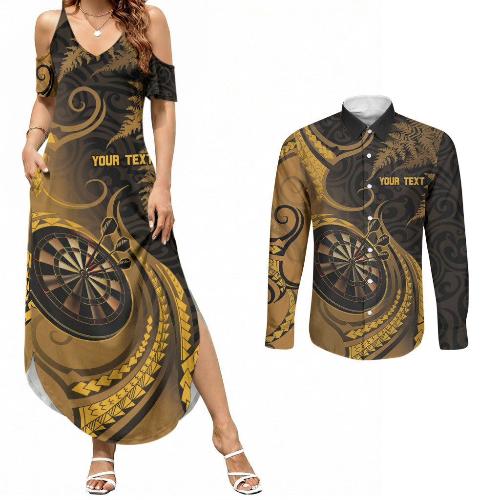 Personalised New Zealand Gold Darts Couples Matching Summer Maxi Dress and Long Sleeve Button Shirt Maori Fern Curve Style