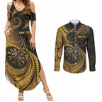 Personalised New Zealand Gold Darts Couples Matching Summer Maxi Dress and Long Sleeve Button Shirt Maori Fern Curve Style