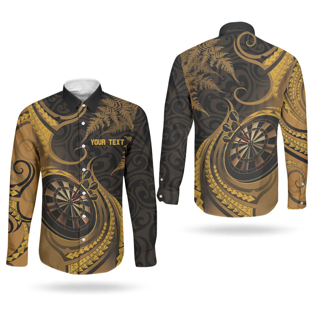 Personalised New Zealand Gold Darts Couples Matching Summer Maxi Dress and Long Sleeve Button Shirt Maori Fern Curve Style