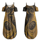 Personalised New Zealand Gold Darts Couples Matching Summer Maxi Dress and Long Sleeve Button Shirt Maori Fern Curve Style