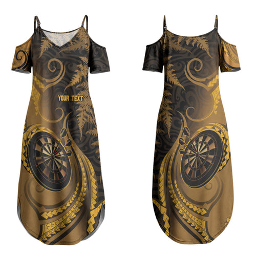Personalised New Zealand Gold Darts Couples Matching Summer Maxi Dress and Long Sleeve Button Shirt Maori Fern Curve Style
