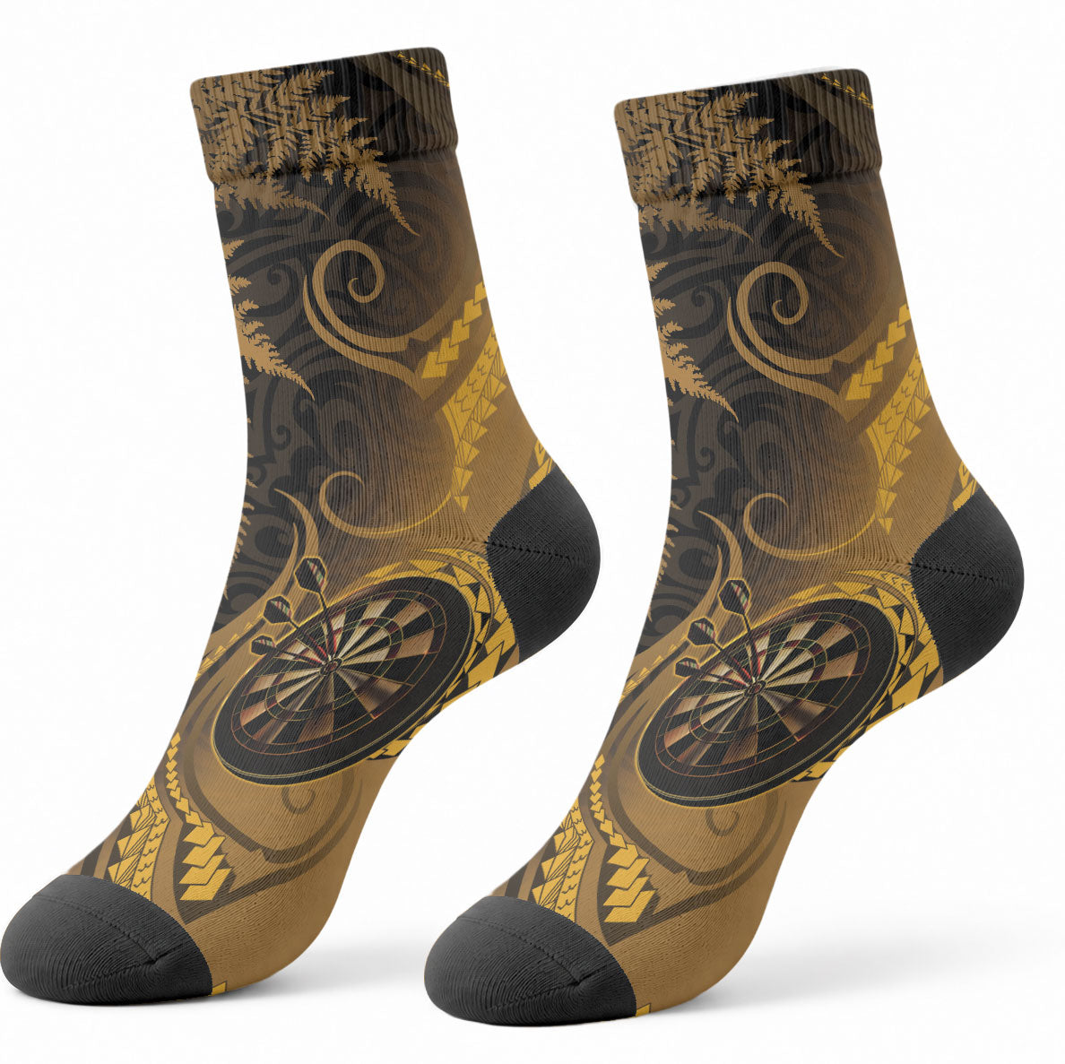 New Zealand Gold Darts Crew Socks Maori Fern Curve Style