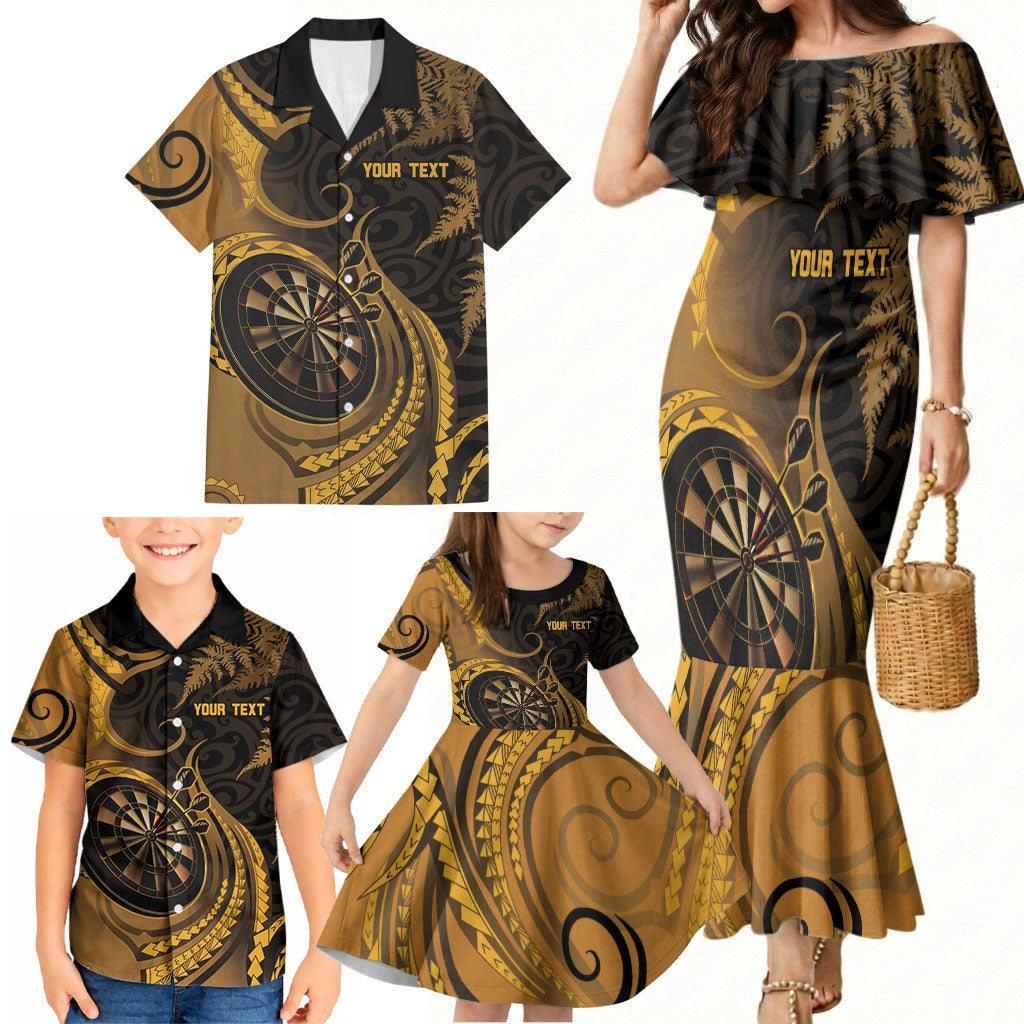 Personalised New Zealand Gold Darts Family Matching Mermaid Dress and Hawaiian Shirt Maori Fern Curve Style