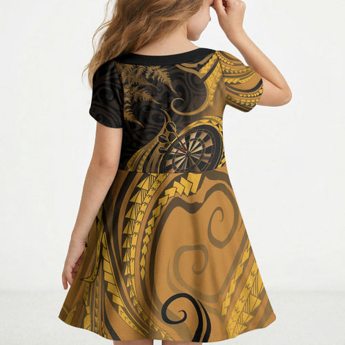Personalised New Zealand Gold Darts Kid Short Sleeve Dress Maori Fern Curve Style