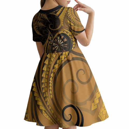 Personalised New Zealand Gold Darts Kid Short Sleeve Dress Maori Fern Curve Style