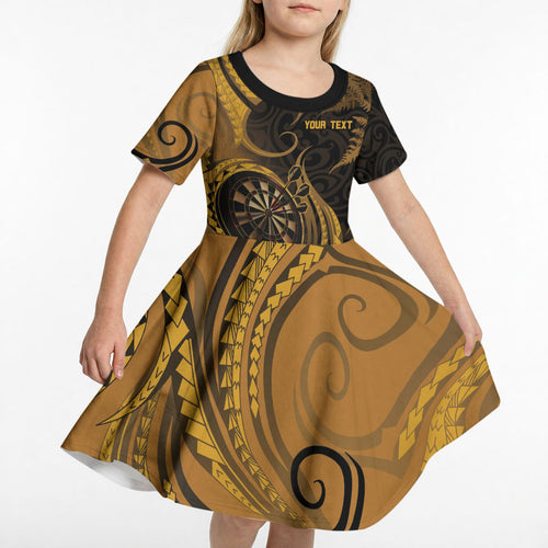 Personalised New Zealand Gold Darts Kid Short Sleeve Dress Maori Fern Curve Style