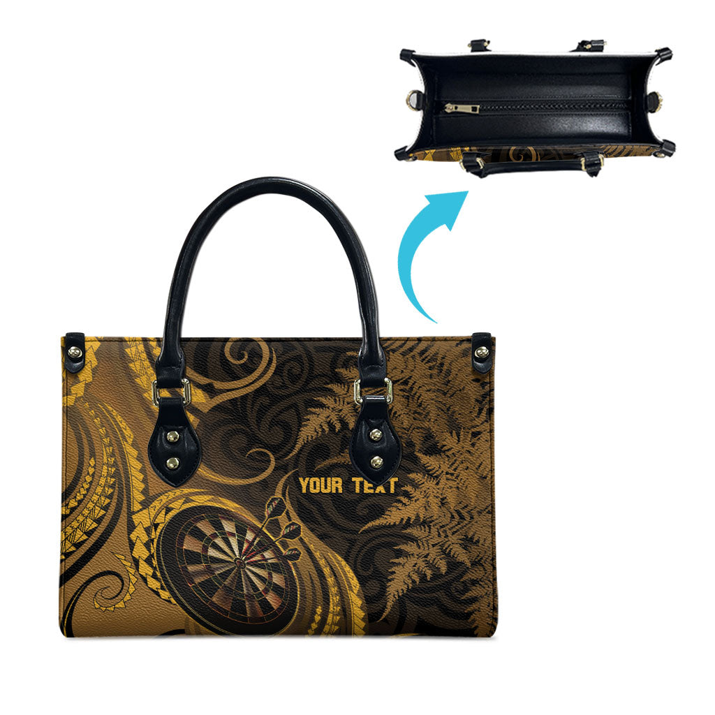 Personalised New Zealand Gold Darts Leather Bag Maori Fern Curve Style