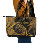 Personalised New Zealand Gold Darts Leather Tote Bag Maori Fern Curve Style