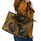 Personalised New Zealand Gold Darts Leather Tote Bag Maori Fern Curve Style