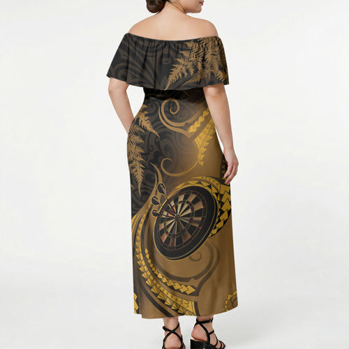 Personalised New Zealand Gold Darts Off Shoulder Maxi Dress Maori Fern Curve Style