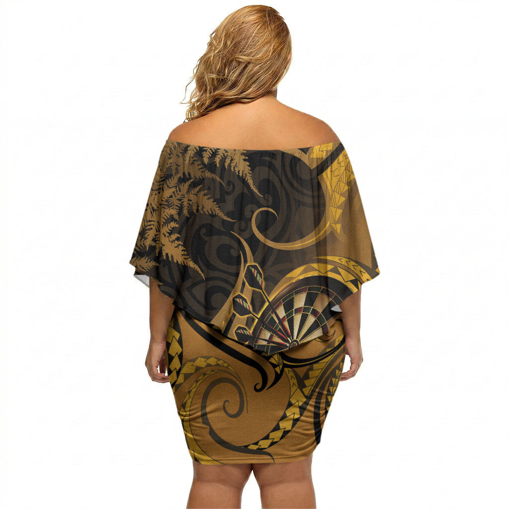 Personalised New Zealand Gold Darts Off Shoulder Short Dress Maori Fern Curve Style