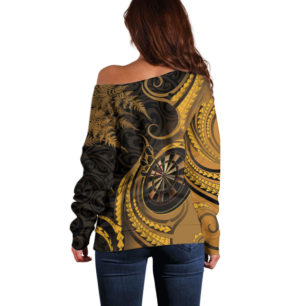 Personalised New Zealand Gold Darts Off Shoulder Sweater Maori Fern Curve Style
