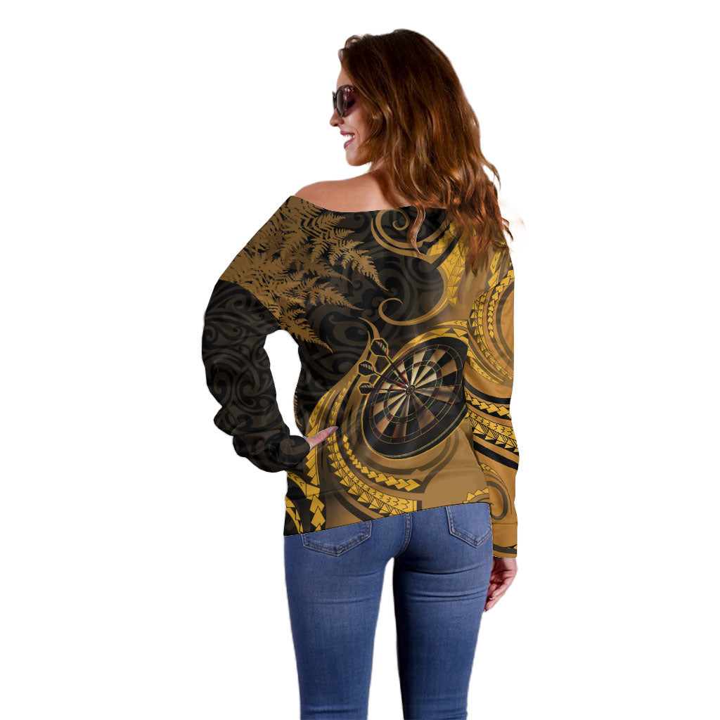 Personalised New Zealand Gold Darts Off Shoulder Sweater Maori Fern Curve Style