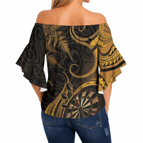 Personalised New Zealand Gold Darts Off Shoulder Wrap Waist Top Maori Fern Curve Style