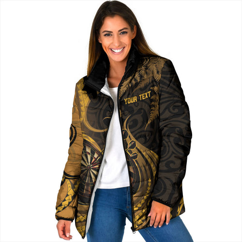Personalised New Zealand Gold Darts Padded Jacket Maori Fern Curve Style