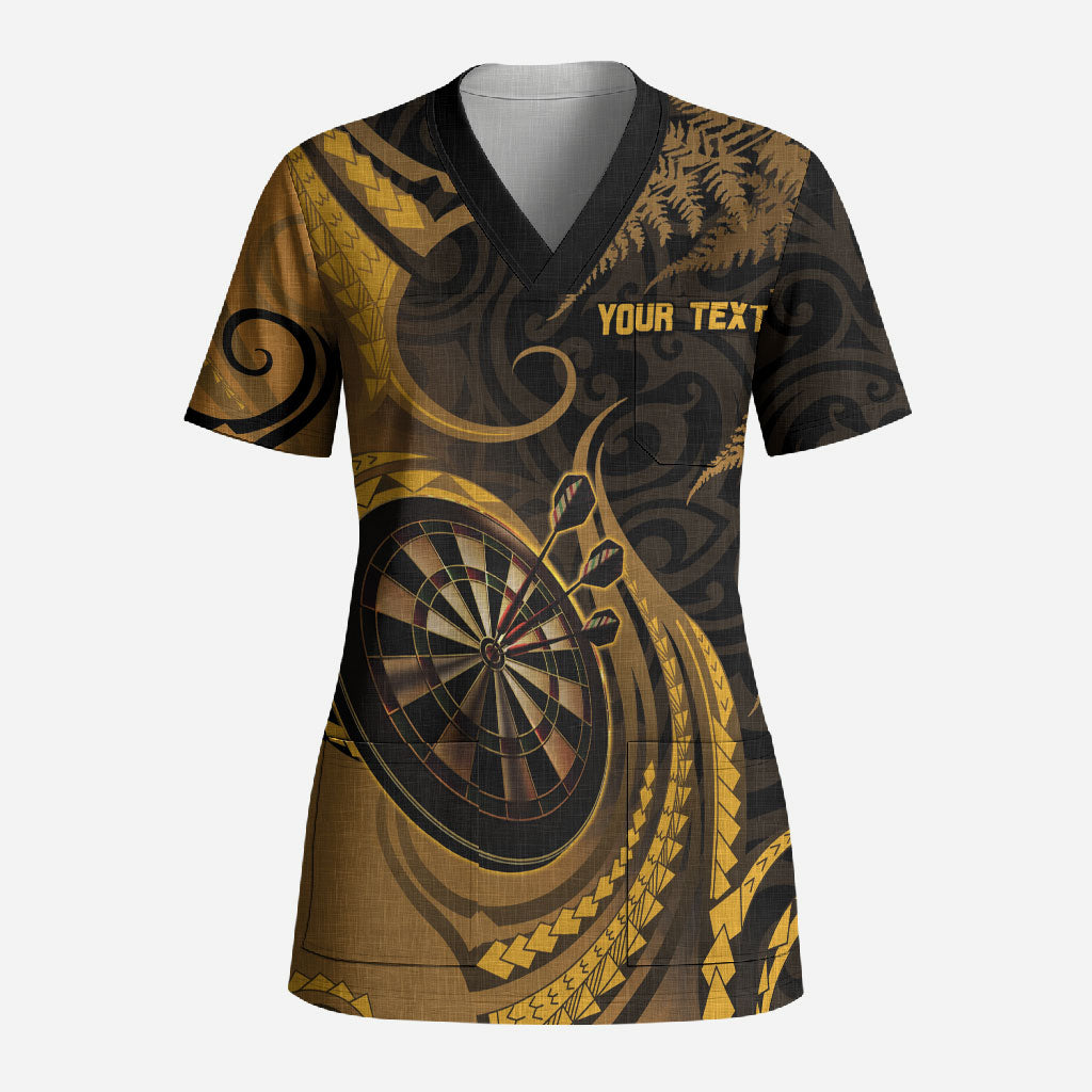 Personalised New Zealand Gold Darts Scrub Top Maori Fern Curve Style