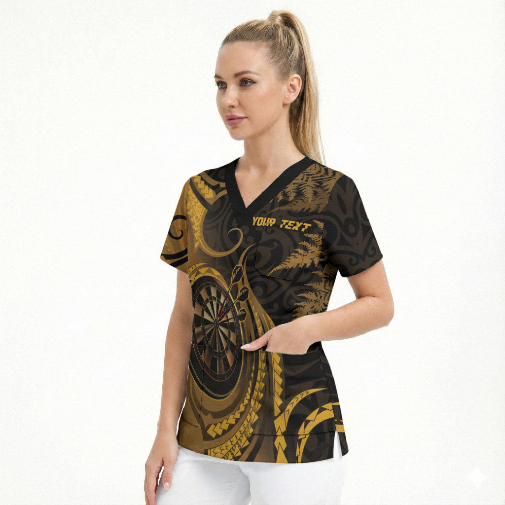 Personalised New Zealand Gold Darts Scrub Top Maori Fern Curve Style