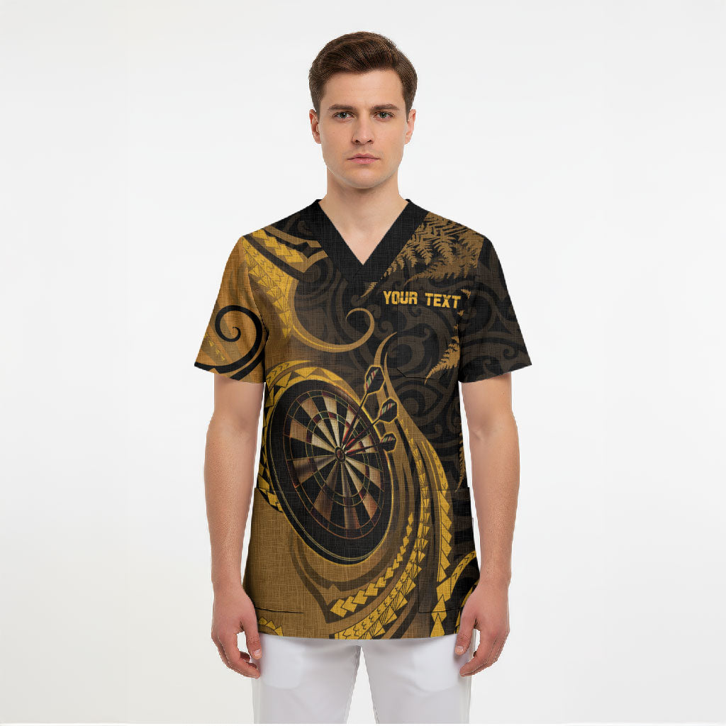 Personalised New Zealand Gold Darts Scrub Top Maori Fern Curve Style