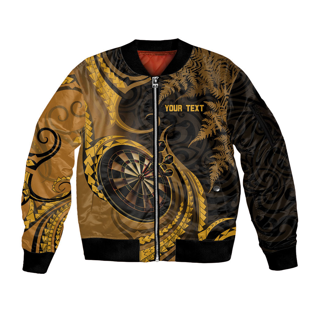 Personalised New Zealand Gold Darts Sleeve Zip Bomber Jacket Maori Fern Curve Style