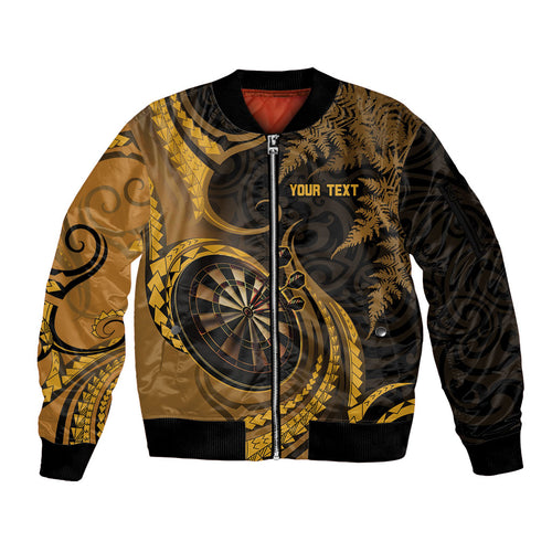 Personalised New Zealand Gold Darts Sleeve Zip Bomber Jacket Maori Fern Curve Style