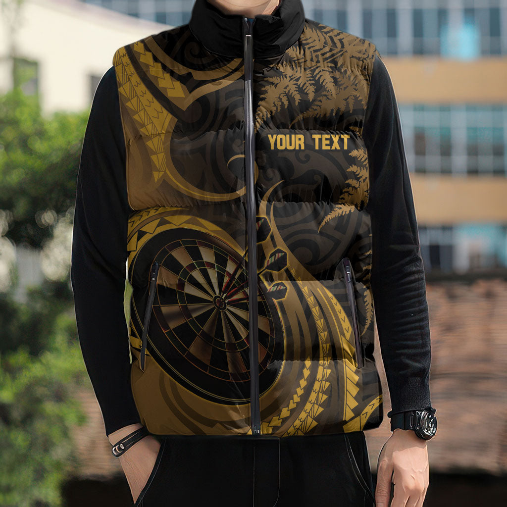 Personalised New Zealand Gold Darts Sleeveless Puffer Jacket Maori Fern Curve Style