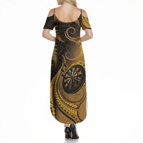 Personalised New Zealand Gold Darts Summer Maxi Dress Maori Fern Curve Style