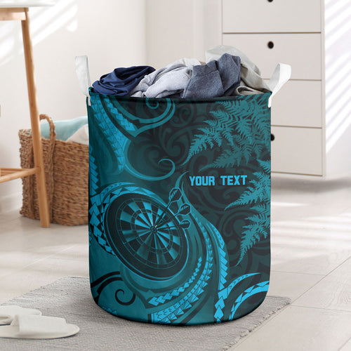 Personalised New Zealand Turquoise Darts Laundry Basket Maori Fern Curve Style