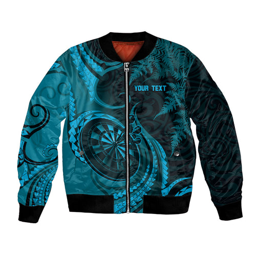 Personalised New Zealand Turquoise Darts Bomber Jacket Maori Fern Curve Style