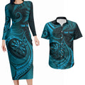 Personalised New Zealand Turquoise Darts Couples Matching Long Sleeve Bodycon Dress and Hawaiian Shirt Maori Fern Curve Style
