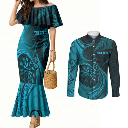 Personalised New Zealand Turquoise Darts Couples Matching Mermaid Dress and Long Sleeve Button Shirt Maori Fern Curve Style