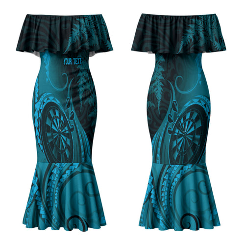 Personalised New Zealand Turquoise Darts Couples Matching Mermaid Dress and Long Sleeve Button Shirt Maori Fern Curve Style