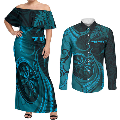 Personalised New Zealand Turquoise Darts Couples Matching Off Shoulder Maxi Dress and Long Sleeve Button Shirt Maori Fern Curve Style