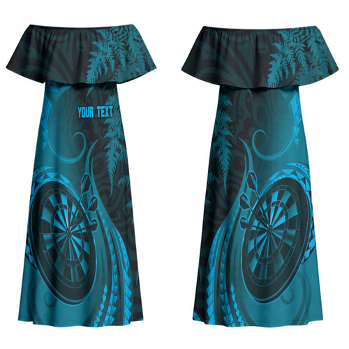 Personalised New Zealand Turquoise Darts Couples Matching Off Shoulder Maxi Dress and Long Sleeve Button Shirt Maori Fern Curve Style