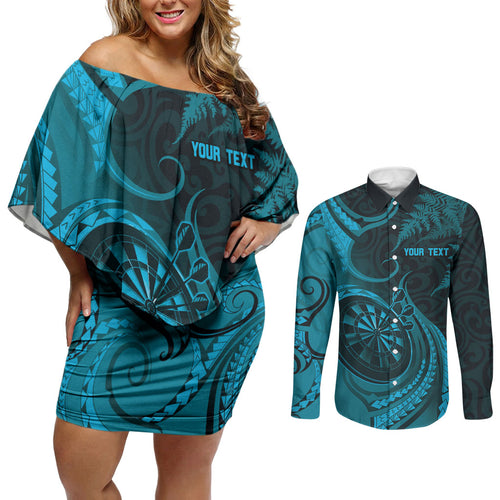 Personalised New Zealand Turquoise Darts Couples Matching Off Shoulder Short Dress and Long Sleeve Button Shirt Maori Fern Curve Style