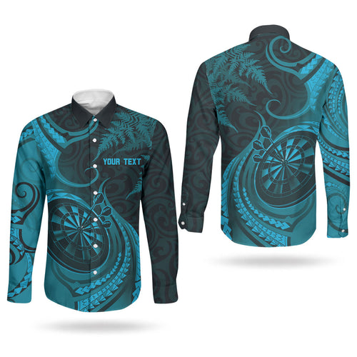 Personalised New Zealand Turquoise Darts Couples Matching Off Shoulder Short Dress and Long Sleeve Button Shirt Maori Fern Curve Style