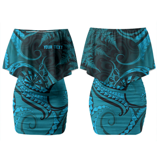 Personalised New Zealand Turquoise Darts Couples Matching Off Shoulder Short Dress and Long Sleeve Button Shirt Maori Fern Curve Style
