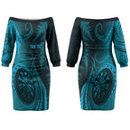 Personalised New Zealand Turquoise Darts Couples Matching Off The Shoulder Long Sleeve Dress and Hawaiian Shirt Maori Fern Curve Style