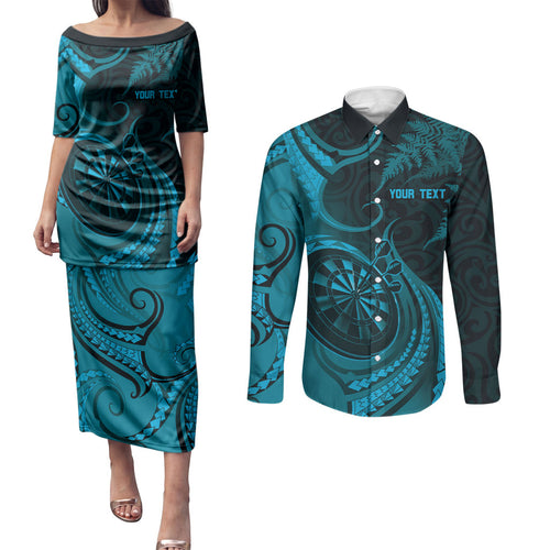 Personalised New Zealand Turquoise Darts Couples Matching Puletasi and Long Sleeve Button Shirt Maori Fern Curve Style