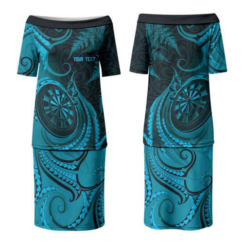 Personalised New Zealand Turquoise Darts Couples Matching Puletasi and Long Sleeve Button Shirt Maori Fern Curve Style