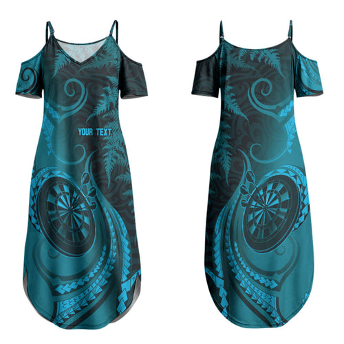 Personalised New Zealand Turquoise Darts Couples Matching Summer Maxi Dress and Long Sleeve Button Shirt Maori Fern Curve Style