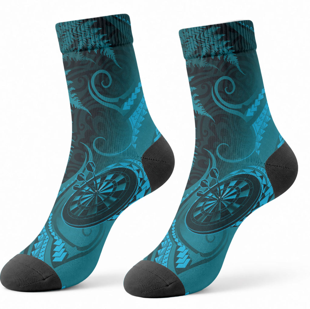 New Zealand Turquoise Darts Crew Socks Maori Fern Curve Style
