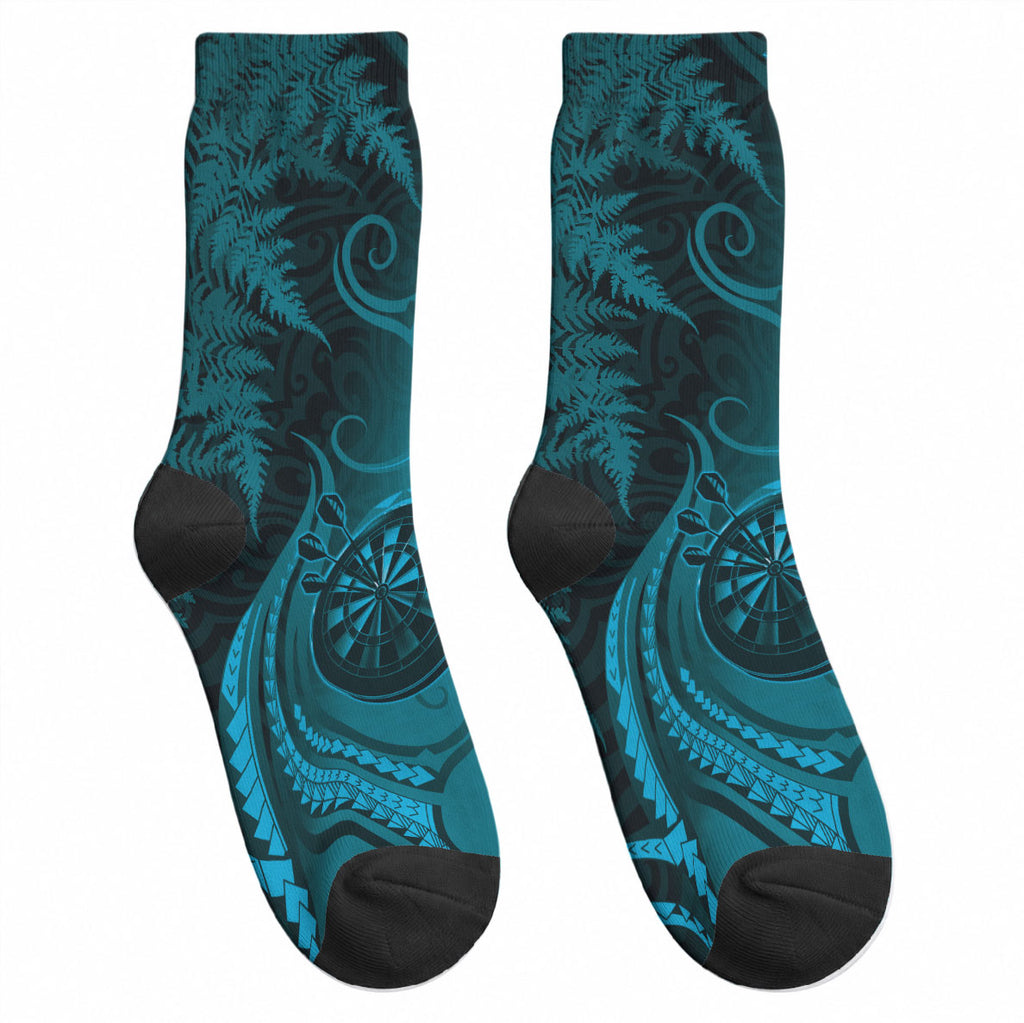 New Zealand Turquoise Darts Crew Socks Maori Fern Curve Style