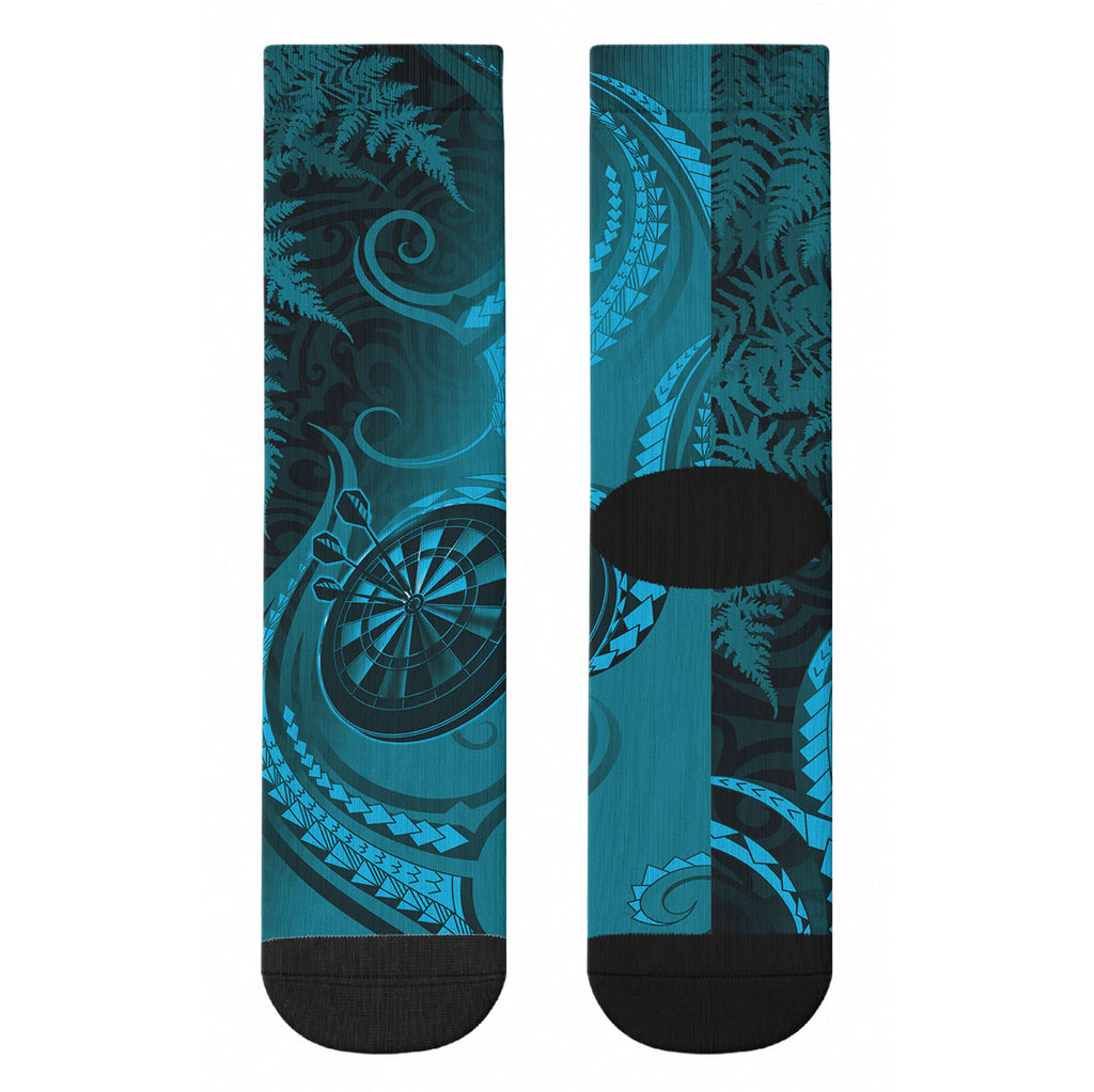 New Zealand Turquoise Darts Crew Socks Maori Fern Curve Style