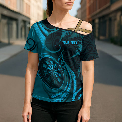 Personalised New Zealand Turquoise Darts Cross Shoulder Shirt Maori Fern Curve Style