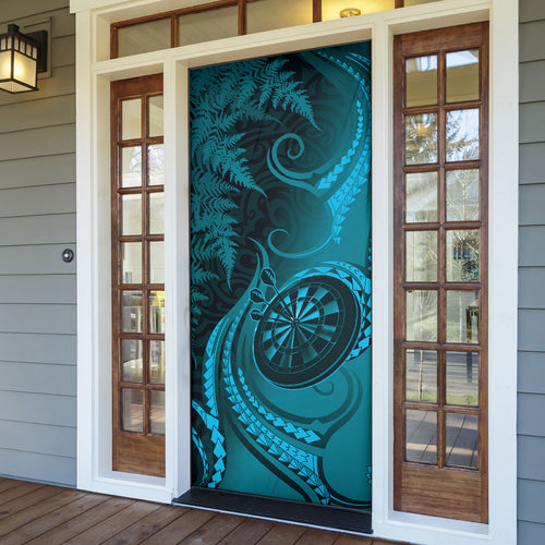 New Zealand Turquoise Darts Door Cover Maori Fern Curve Style