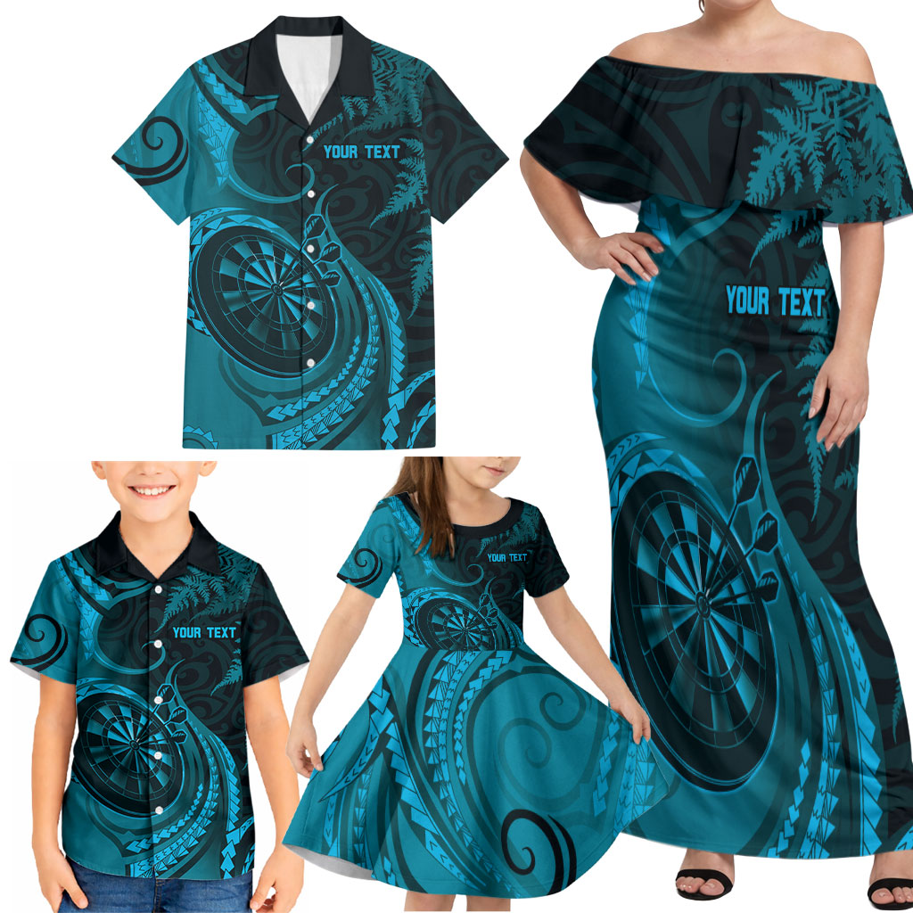 Personalised New Zealand Turquoise Darts Family Matching Off Shoulder Maxi Dress and Hawaiian Shirt Maori Fern Curve Style