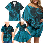 Personalised New Zealand Turquoise Darts Family Matching Off Shoulder Short Dress and Hawaiian Shirt Maori Fern Curve Style