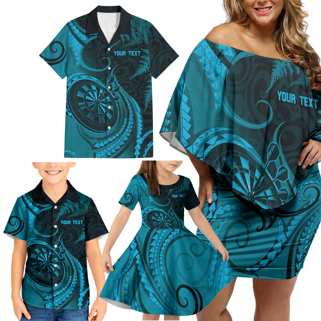 Personalised New Zealand Turquoise Darts Family Matching Off Shoulder Short Dress and Hawaiian Shirt Maori Fern Curve Style