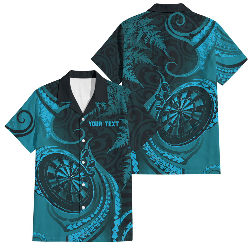 Personalised New Zealand Turquoise Darts Family Matching Off Shoulder Short Dress and Hawaiian Shirt Maori Fern Curve Style